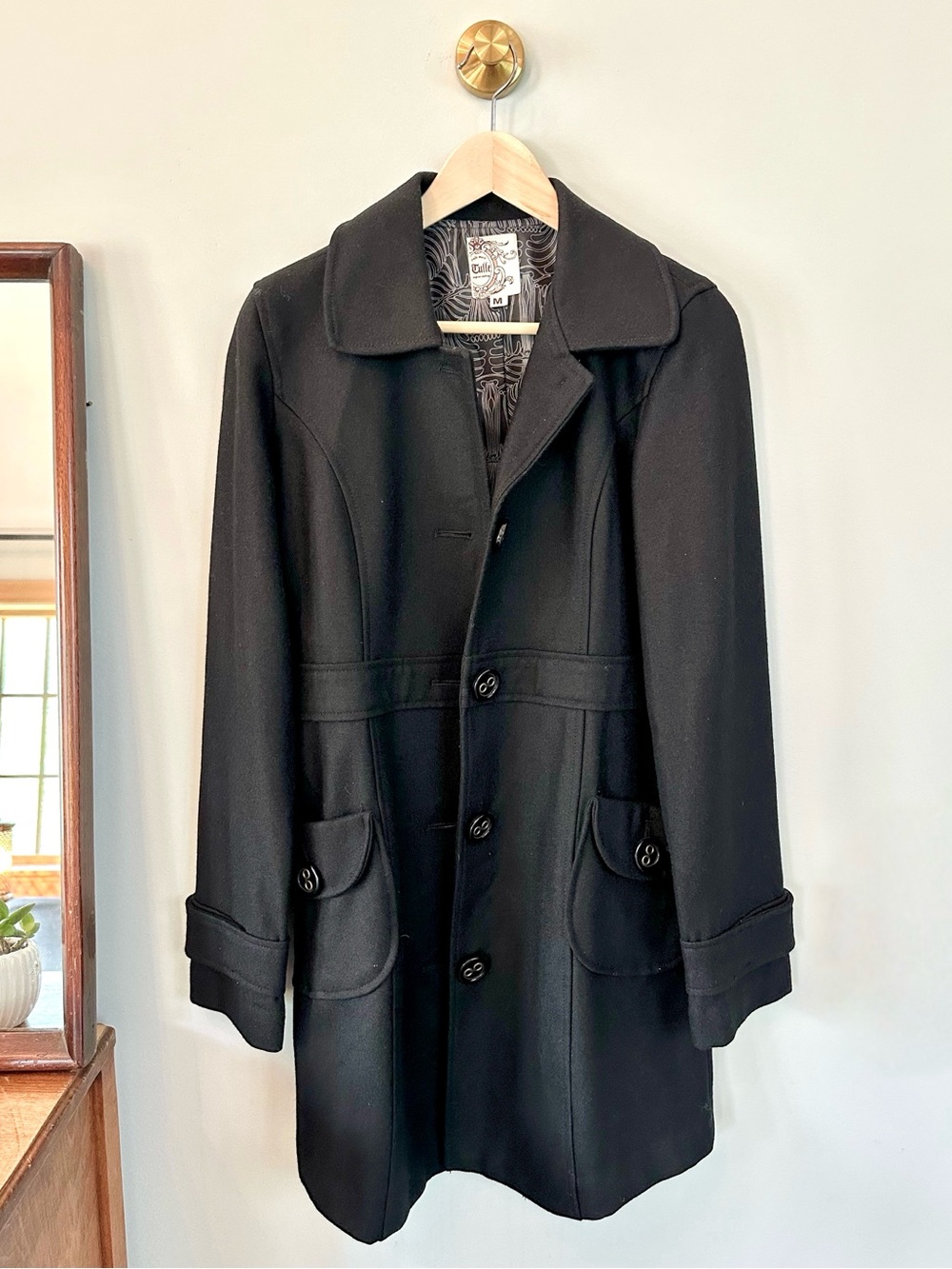 Tulle Black Wool Blend Peacoat Jacket Women’s Medium Fitted Retro Mod Coat - Picture 1 of 13